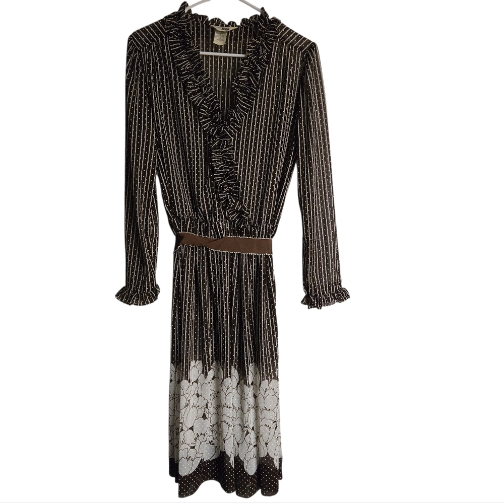 Vintage Sears Floral Dress Brown And White Size Large See Measurments